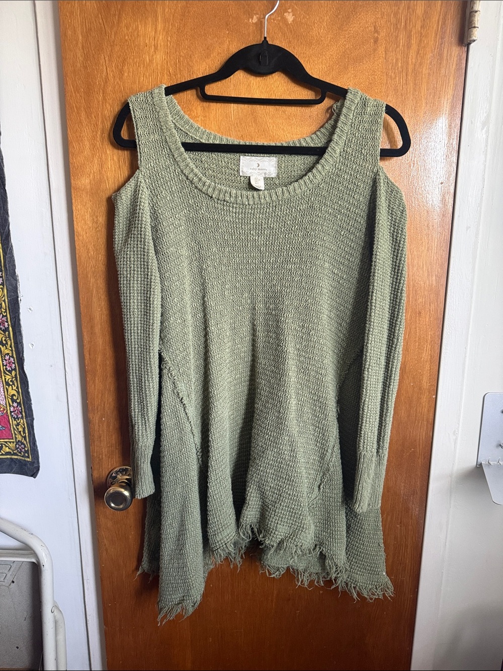 ruby moon Olive Green Cold-Shoulder Knit Sweater